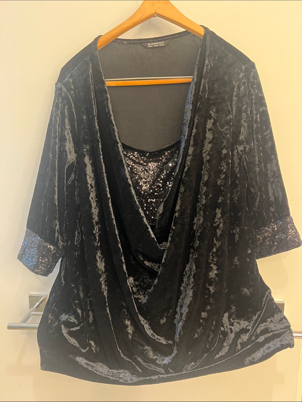 BloomChic Black Velvet Drape Tunic with Sequin Accent